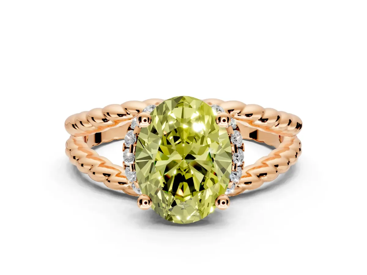 Halo Engagement Ring Setting for Fancy Yellow Oval Center with Rope Twist Split Shank and Prong Head in Rose Gold