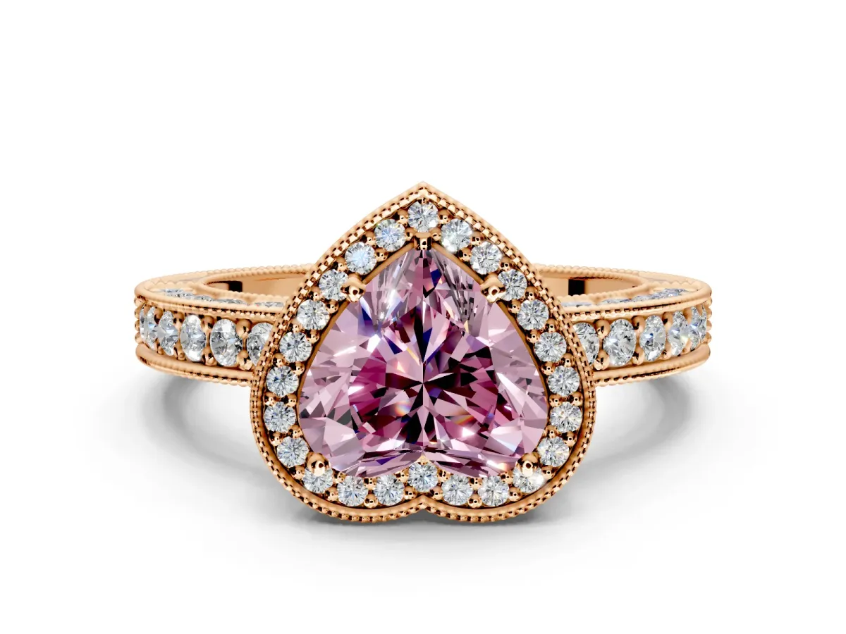 Milgrain Halo Engagement Ring Setting for Fancy Pink Heart-Shaped Center with Wide Pave Band and Prong Head in Rose Gold