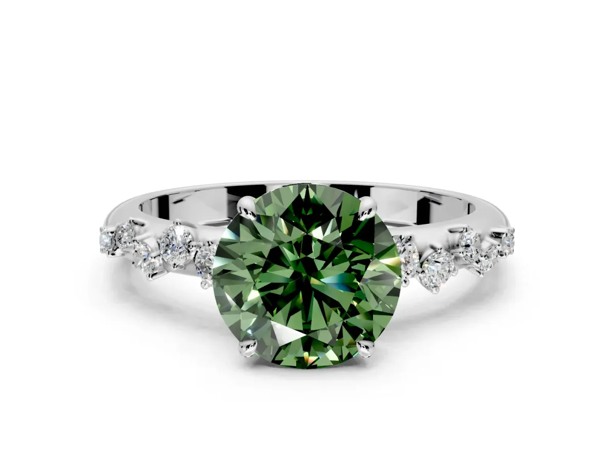Cluster Engagement Ring Setting for Fancy Green Round Cut Center with Round Cut Accent Band and Prong Head in Sterling Silver