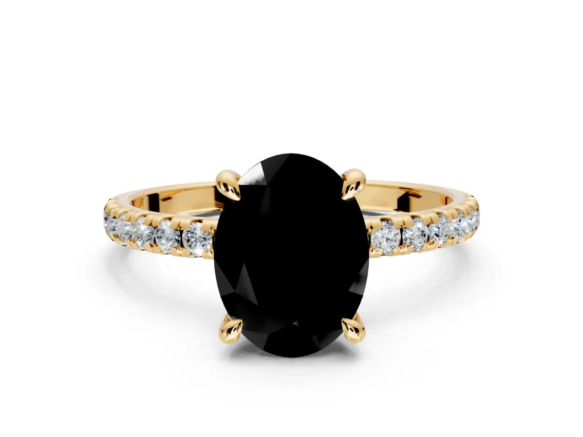 Solitaire Engagement Ring Setting for Fancy Black Oval Center with Fine Pave Narrow Band and Prong Head in Yellow Gold