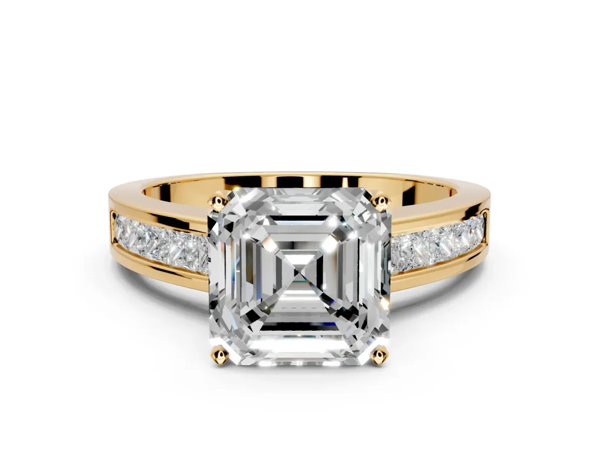 Solitaire Engagement Ring Setting for Asscher Cut Center with Princess Cut Channel Band and Prong Head in Yellow Gold