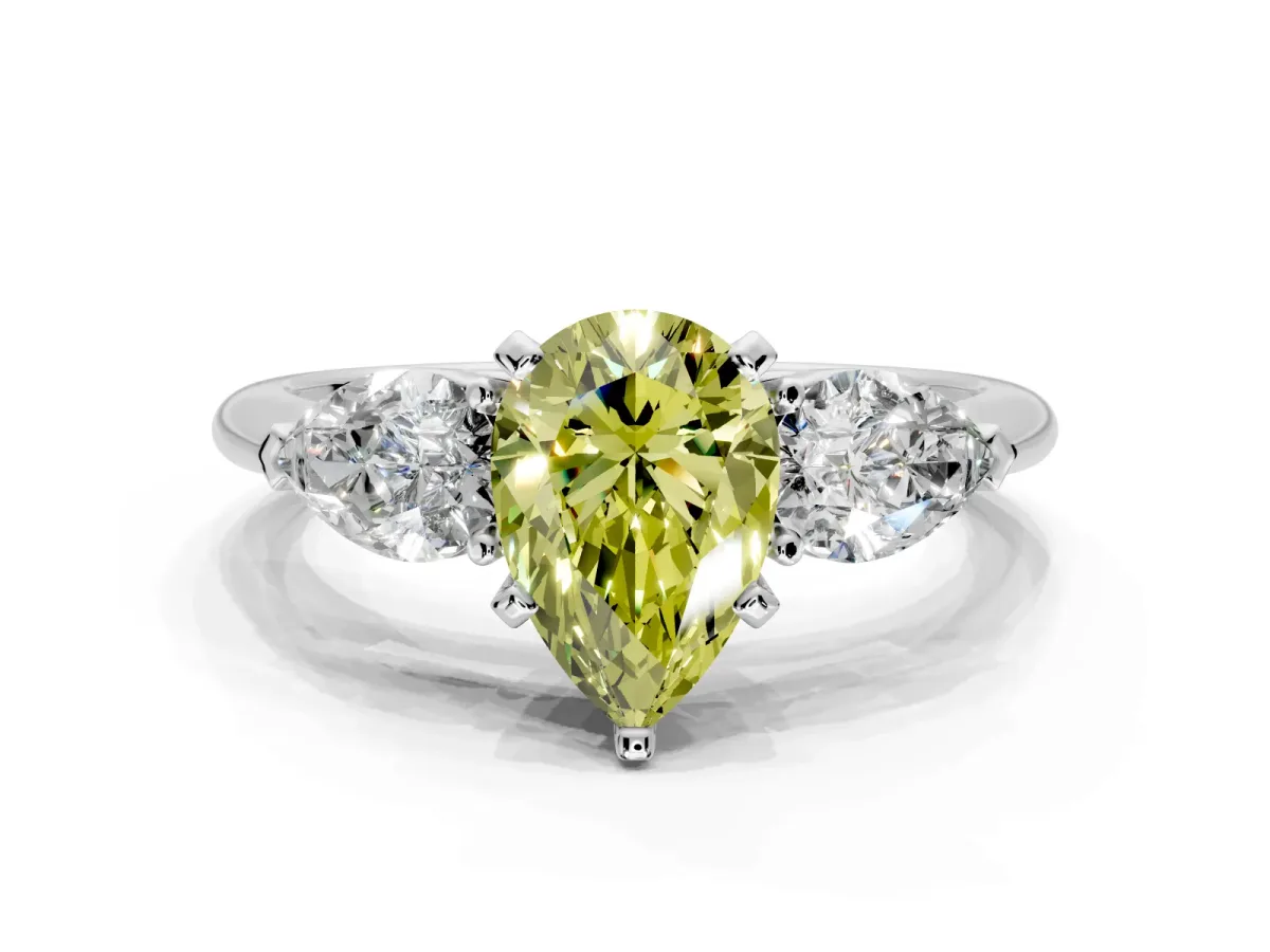 3 Stone Engagement Ring Setting for Fancy Yellow Pear-Shaped Center with Large Pear-Shaped Accents and Prong Head in Platinum