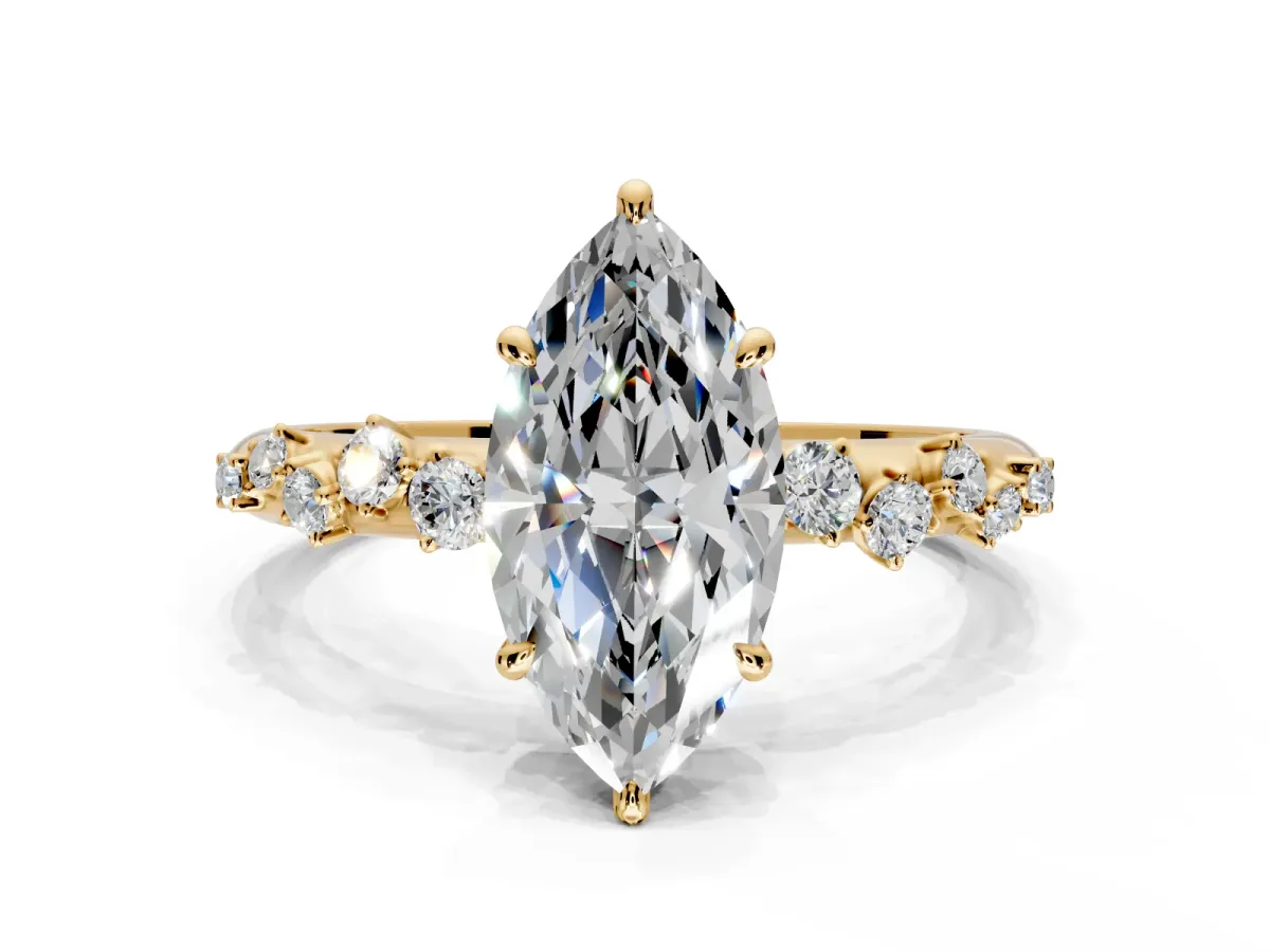 Cluster Engagement Ring Setting for Marquise Center with Round Cut Accent Band and Prong Head in Yellow Gold