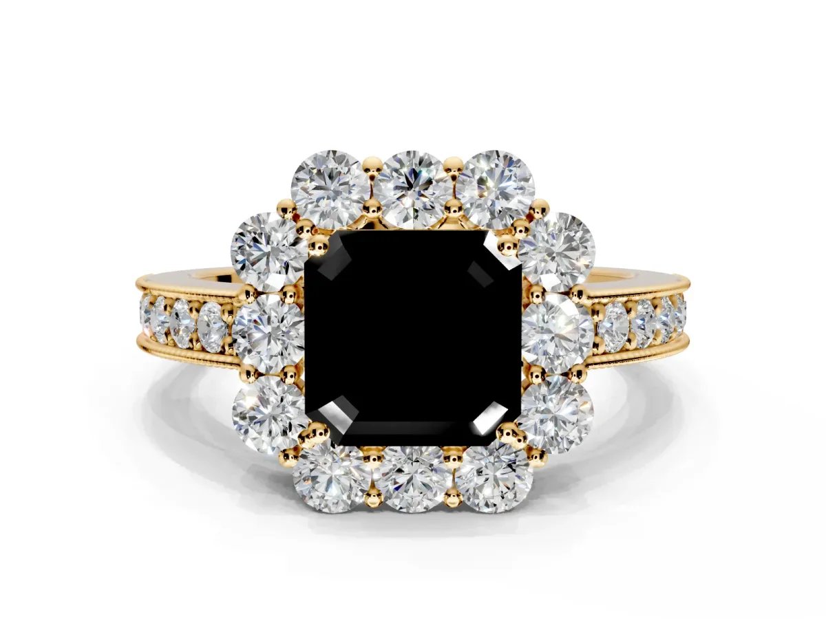 Halo Engagement Ring Setting for Fancy Black Asscher Cut Center with Milgrain Channel Band and Prong Head in Yellow Gold