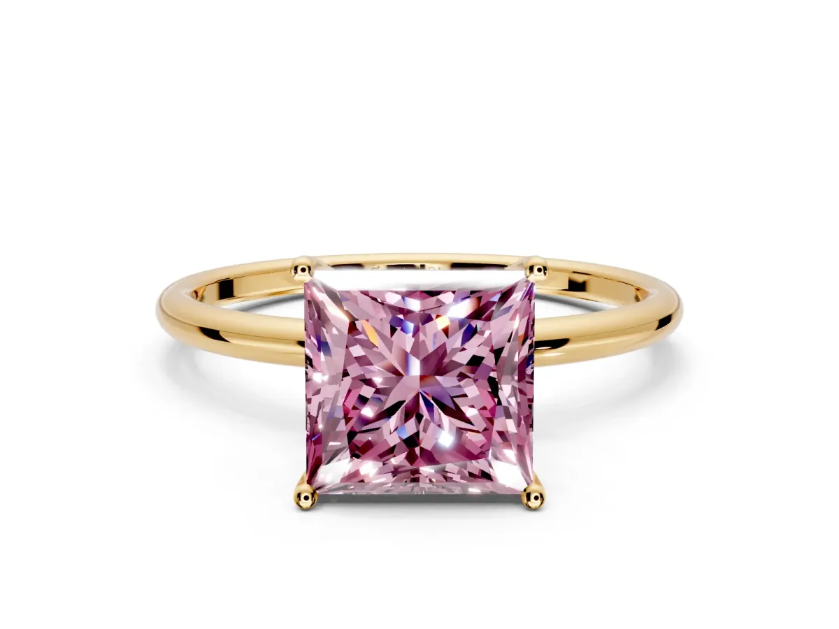 Solitaire Engagement Ring Setting for Fancy Pink Princess Cut Center with Straight Thin Band and Prong Head in Yellow Gold