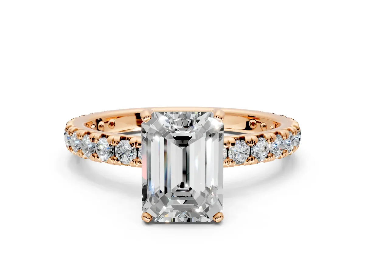 Solitaire Engagement Ring Setting for Emerald Cut Center with Shared-Prong Accents and Prong Head in Rose Gold