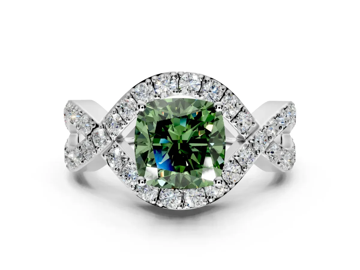 Halo Engagement Ring Setting for Fancy Green Cushion Cut Center with Pave Infinity Twist Band and Prong Head in Platinum