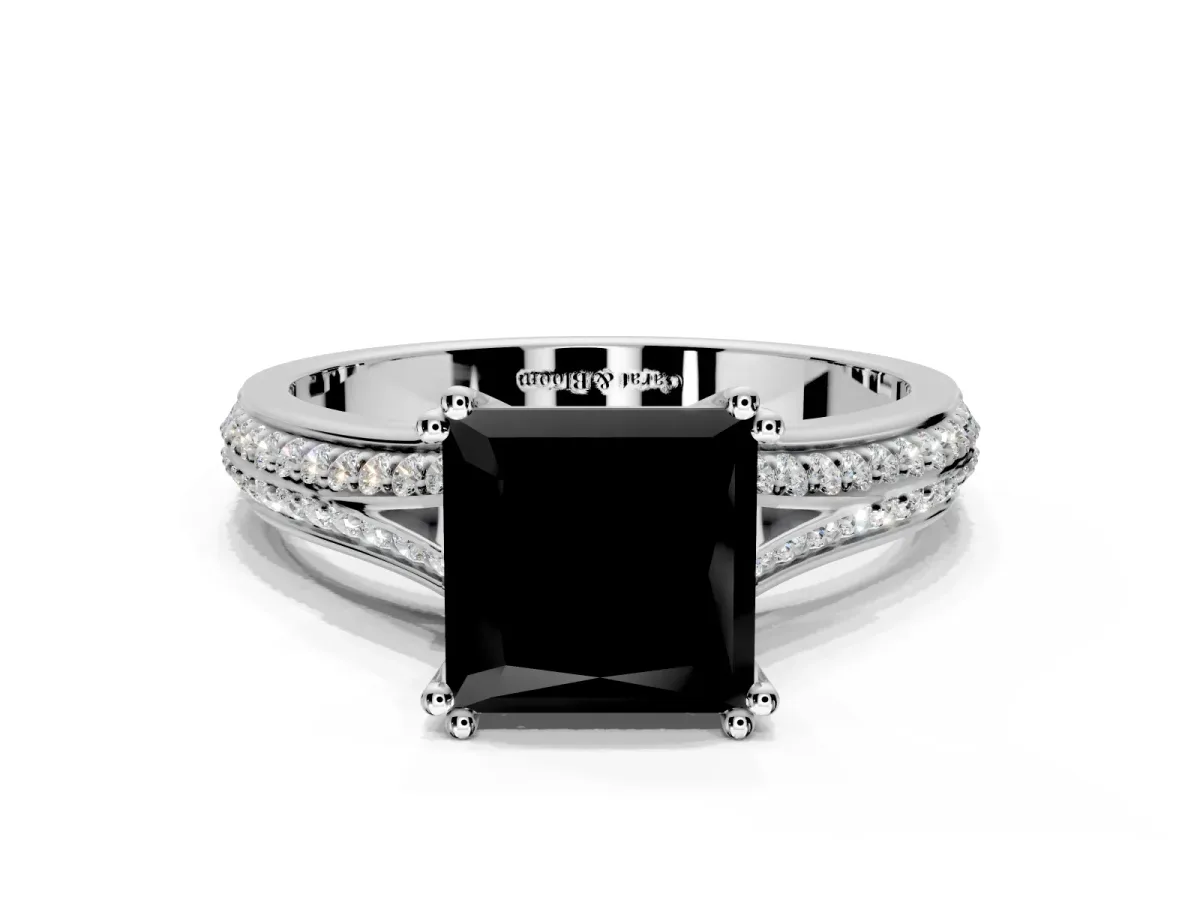 Solitaire Engagement Ring Setting for Fancy Black Princess Cut Center with Pave Rail Split Shank and Prong Head in White Gold