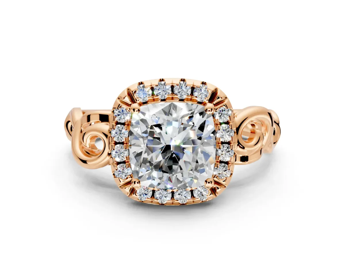 Halo Engagement Ring Setting for Cushion Cut Center with Open Scroll Shoulders and Prong Head in Rose Gold