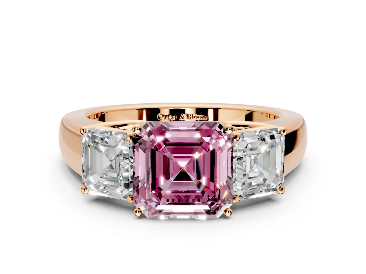 3 Stone Engagement Ring Setting for Fancy Pink Asscher Cut Center with Raised Basket Heads and Prong Head in Rose Gold