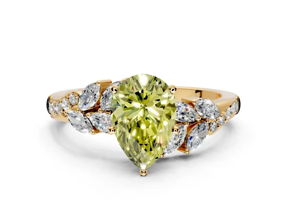 Solitaire Engagement Ring Setting for Fancy Yellow Pear-Shaped Center with Marquise Accent Twist Band and Prong Head in Yellow Gold