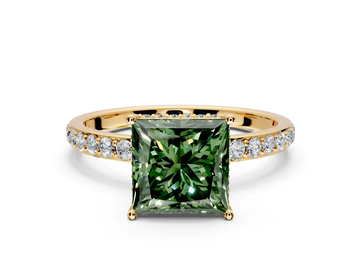 Hidden Halo Engagement Ring Setting for Fancy Green Princess Cut Center with Pave Band and Prong Head in Yellow Gold