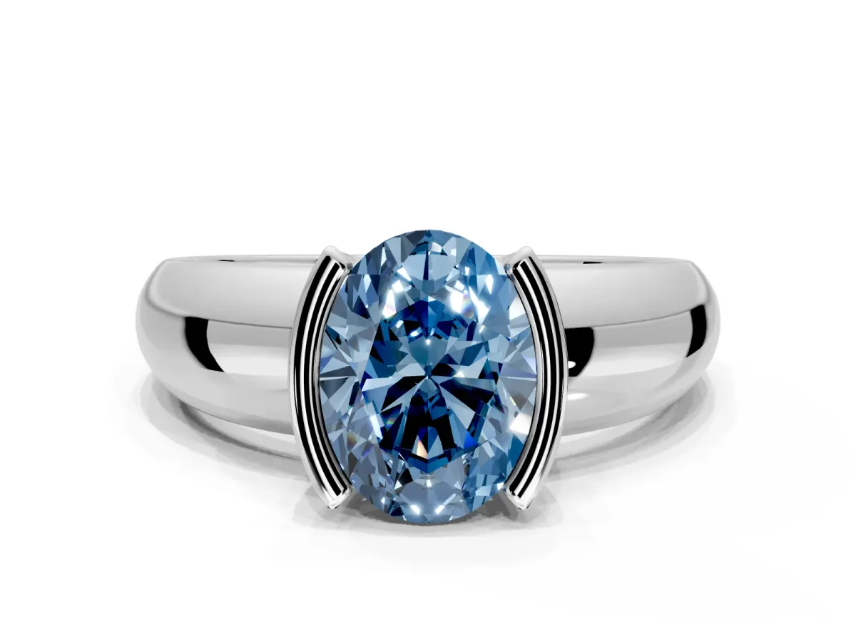 Tension Engagement Ring Setting for Fancy Blue Oval Center with Wide Flat Band and Tension Head in Platinum