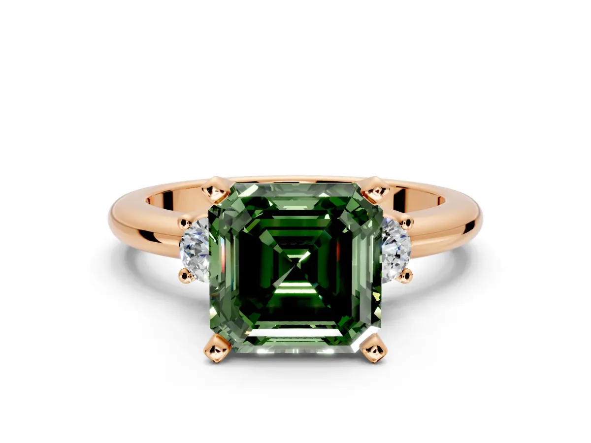 3 Stone Engagement Ring Setting for Fancy Green Asscher Cut Center with Wide Plain Band and Prong Head in Rose Gold