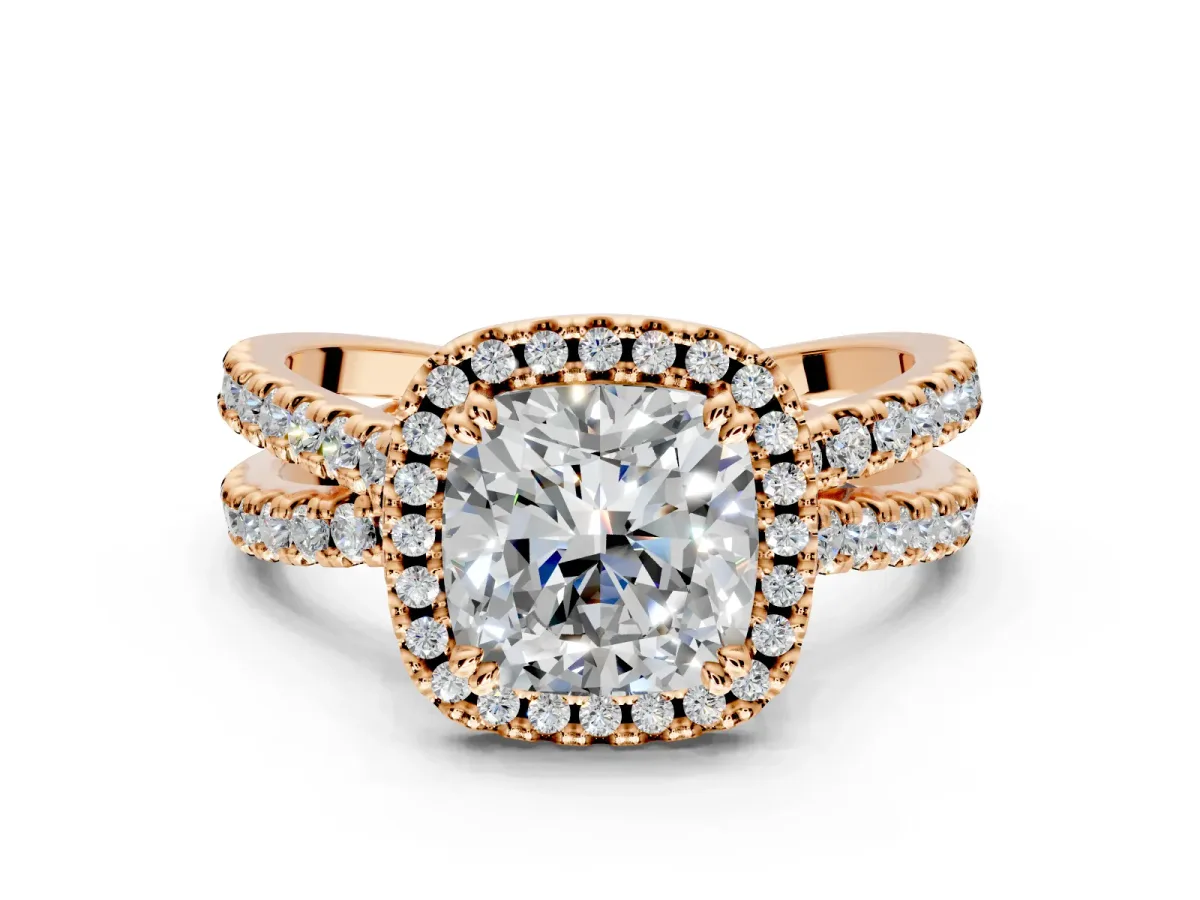 Halo Engagement Ring Setting for Cushion Cut Center with Double Pave Split Shank and Prong Head in Rose Gold