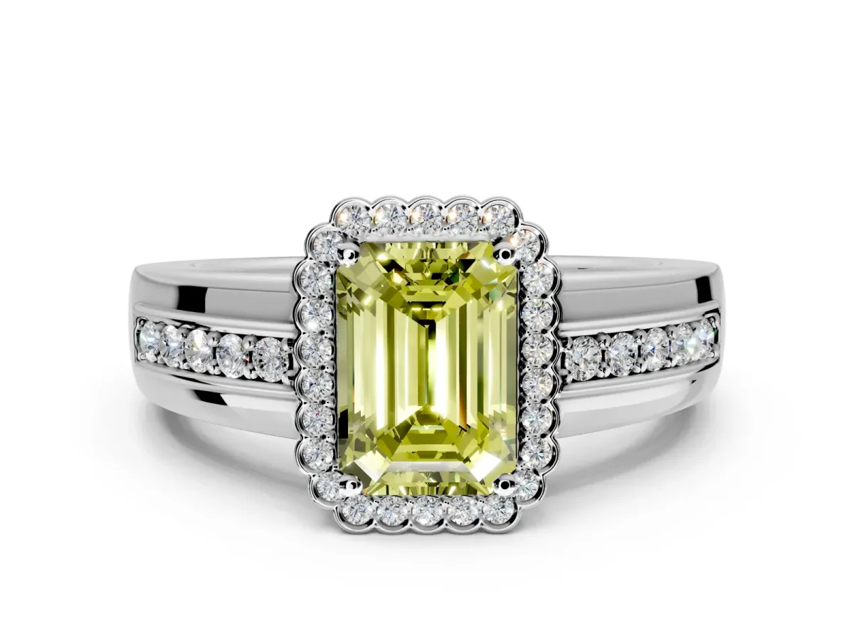 Halo Engagement Ring Setting for Fancy Yellow Emerald Cut Center with Wide Band, Inlaid Accent Row and Prong Head in Platinum
