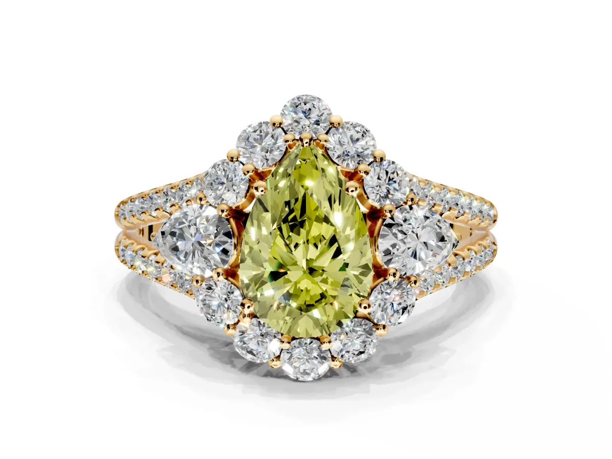 Halo Engagement Ring Setting for Fancy Yellow Pear-Shaped Center with Two-Strand Split Shank and Prong Head in Yellow Gold
