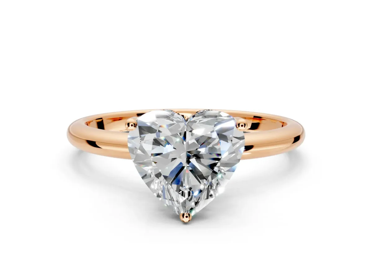 Hidden Halo Engagement Ring Setting for Heart-Shaped Center with Thin Round-Wire Band and Prong Head in Rose Gold