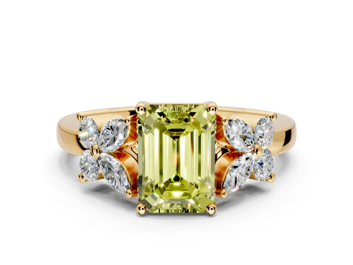 Floral Engagement Ring Setting for Fancy Yellow Emerald Cut Center with Marquise Cluster Shoulders and Prong Head in Yellow Gold
