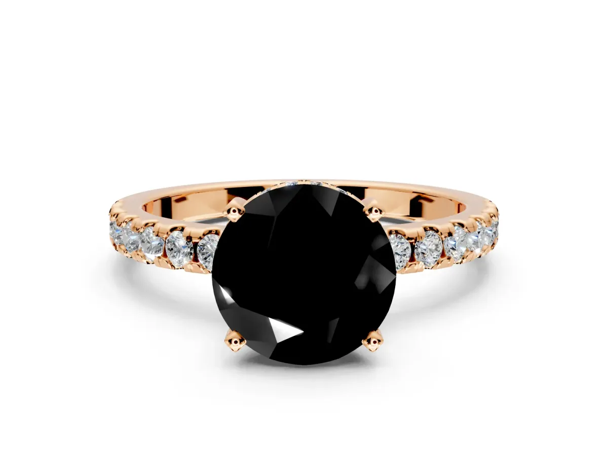 Solitaire Engagement Ring Setting for Fancy Black Round Cut Center with Band of Accents and Prong Head in Rose Gold