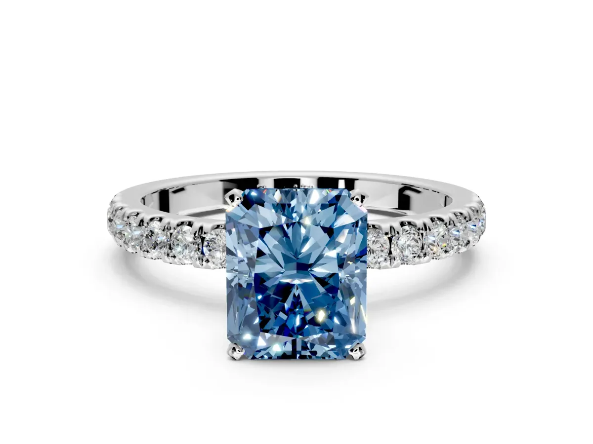 Open Basket Engagement Ring Setting for Fancy Blue Radiant Cut Center with Pave Band and Prong Head in Platinum
