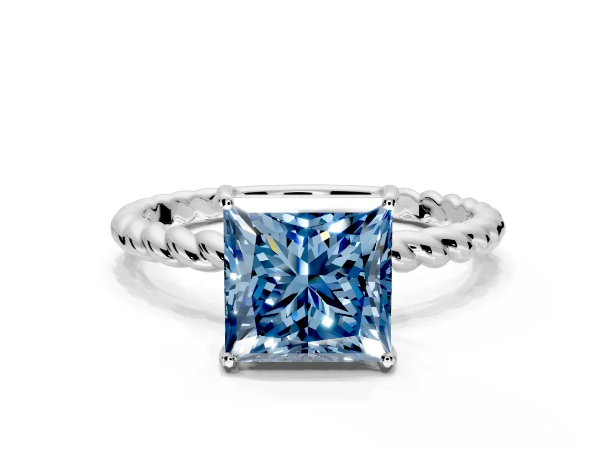 Solitaire Engagement Ring Setting for Fancy Blue Princess Cut Center with Plain Twisted Rope Band and Prong Head in White Gold