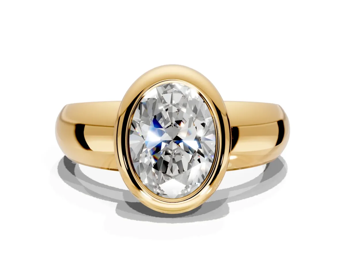 Solitaire Engagement Ring Setting for Oval Center with Wide Band and Bezel Head in Yellow Gold