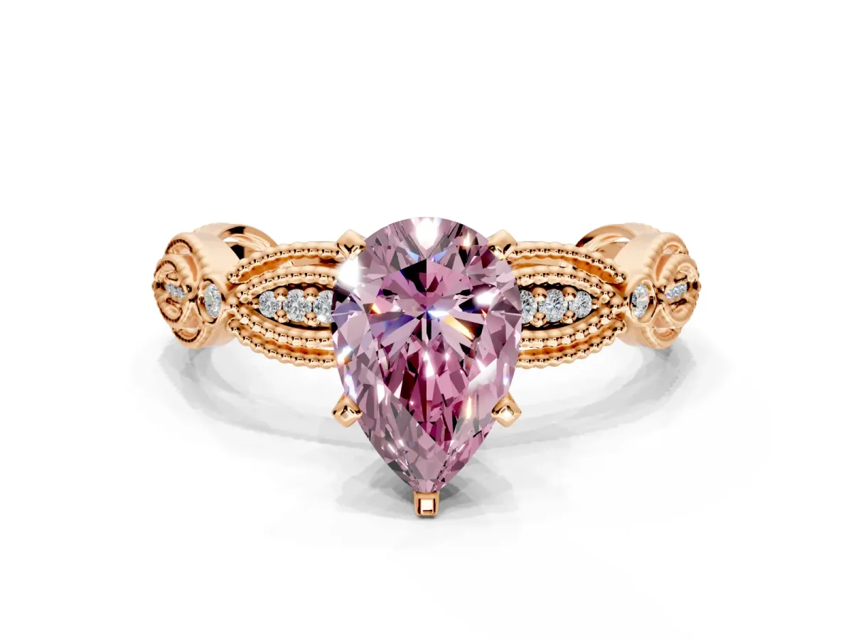 Solitaire Engagement Ring Setting for Fancy Pink Pear-Shaped Center with Marquise Panel Band and Prong Head in Rose Gold