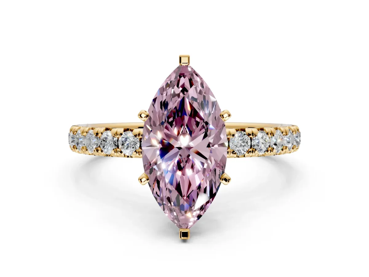Solitaire Engagement Ring Setting for Fancy Pink Marquise Center with Shared-Prong Accents and Prong Head in Yellow Gold