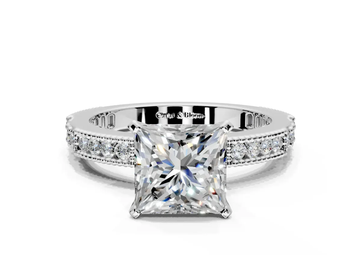 Solitaire Engagement Ring Setting for Princess Cut Center with Milgrain-Edged Pave Band and Prong Head in Platinum
