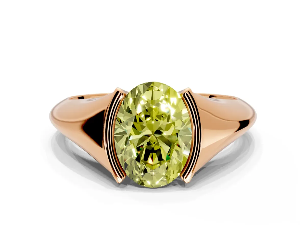 Tension Engagement Ring Setting for Fancy Yellow Oval Center with Wide Tapered Band and Tension Head in Rose Gold