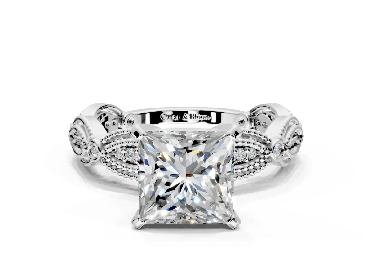 Solitaire Engagement Ring Setting for Princess Cut Center with Marquise Panel Band and Prong Head in Sterling Silver