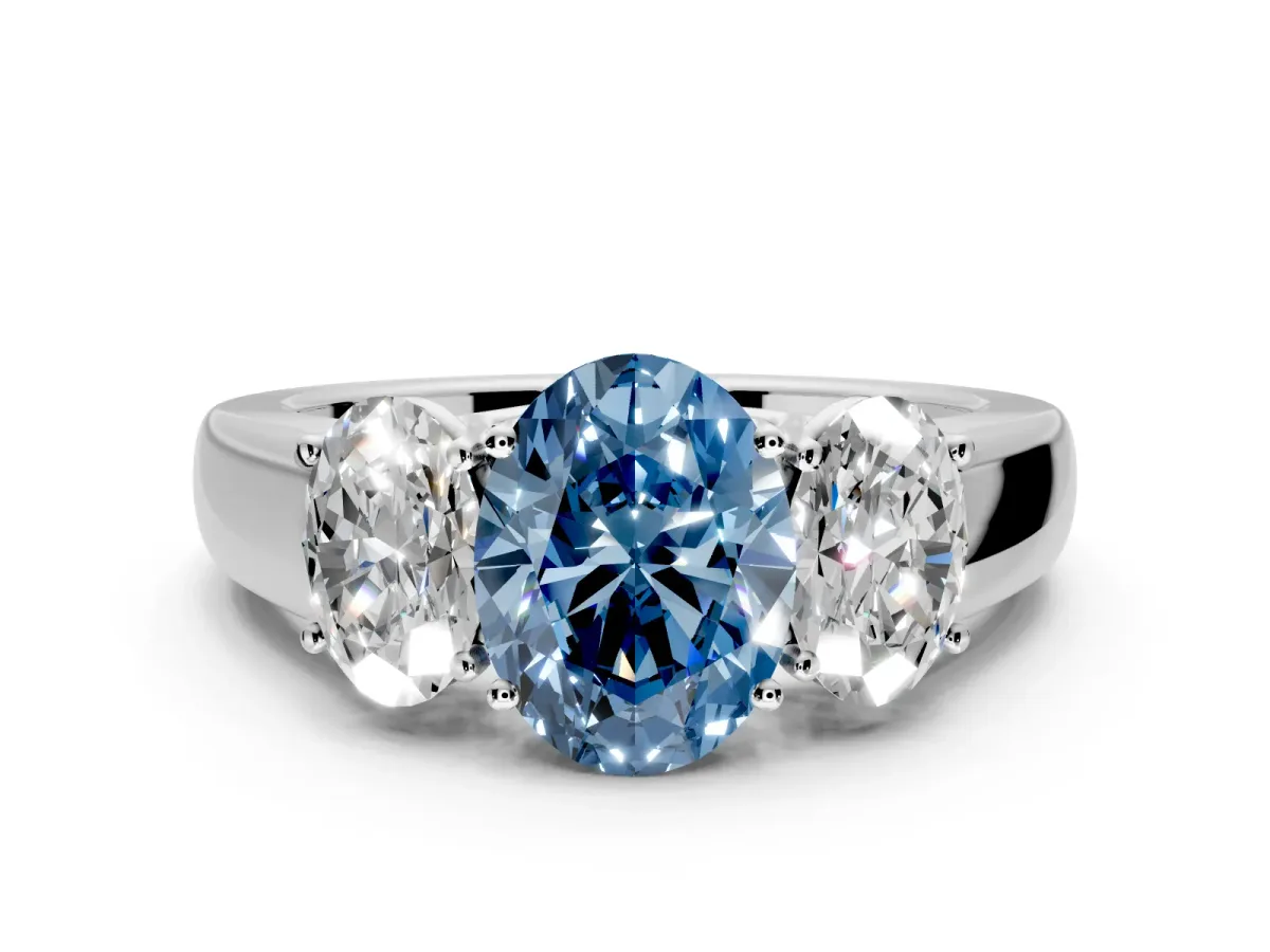 3 Stone Engagement Ring Setting for Fancy Blue Oval Center with Raised Basket Heads and Prong Head in Platinum