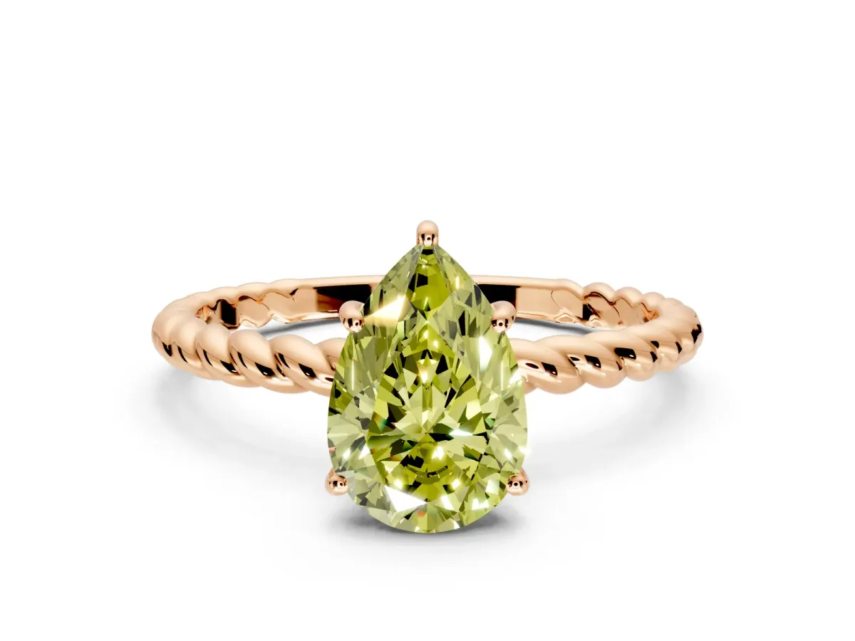 Solitaire Engagement Ring Setting for Fancy Yellow Pear-Shaped Center with Plain Twisted Rope Band and Prong Head in Rose Gold