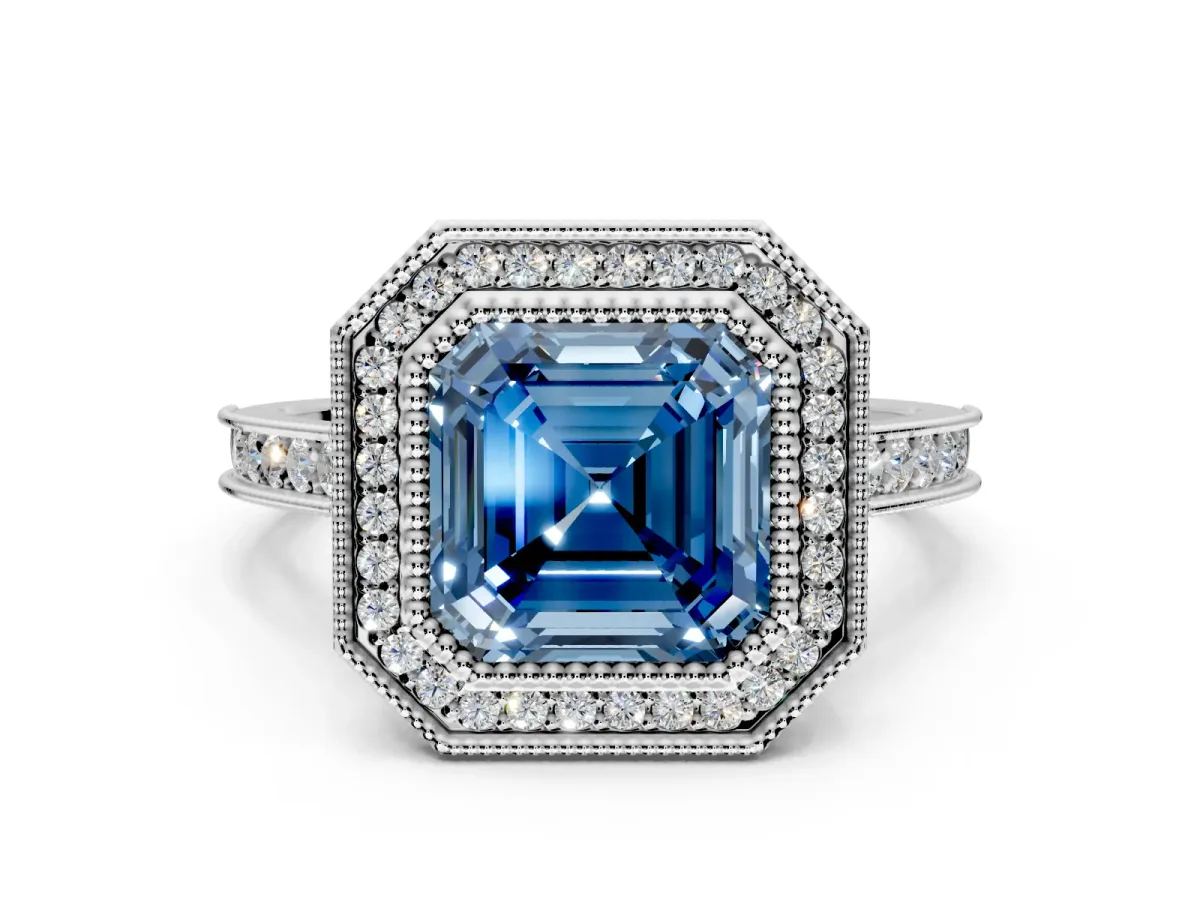Halo Engagement Ring Setting for Fancy Blue Asscher Cut Center with Milgrain Pave Band and Bezel Head in Platinum