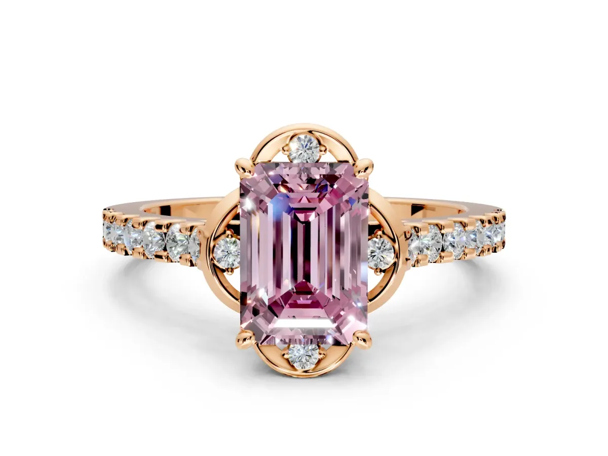 Floral Engagement Ring Setting for Fancy Pink Emerald Cut Center with Pave Band and Floral Prong Head in Rose Gold