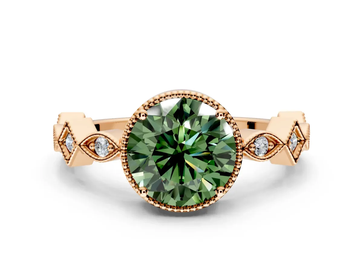 Milgrain Bezel Engagement Ring Setting for Fancy Green Round Cut Center with Marquise Stations and Bezel Head in Rose Gold