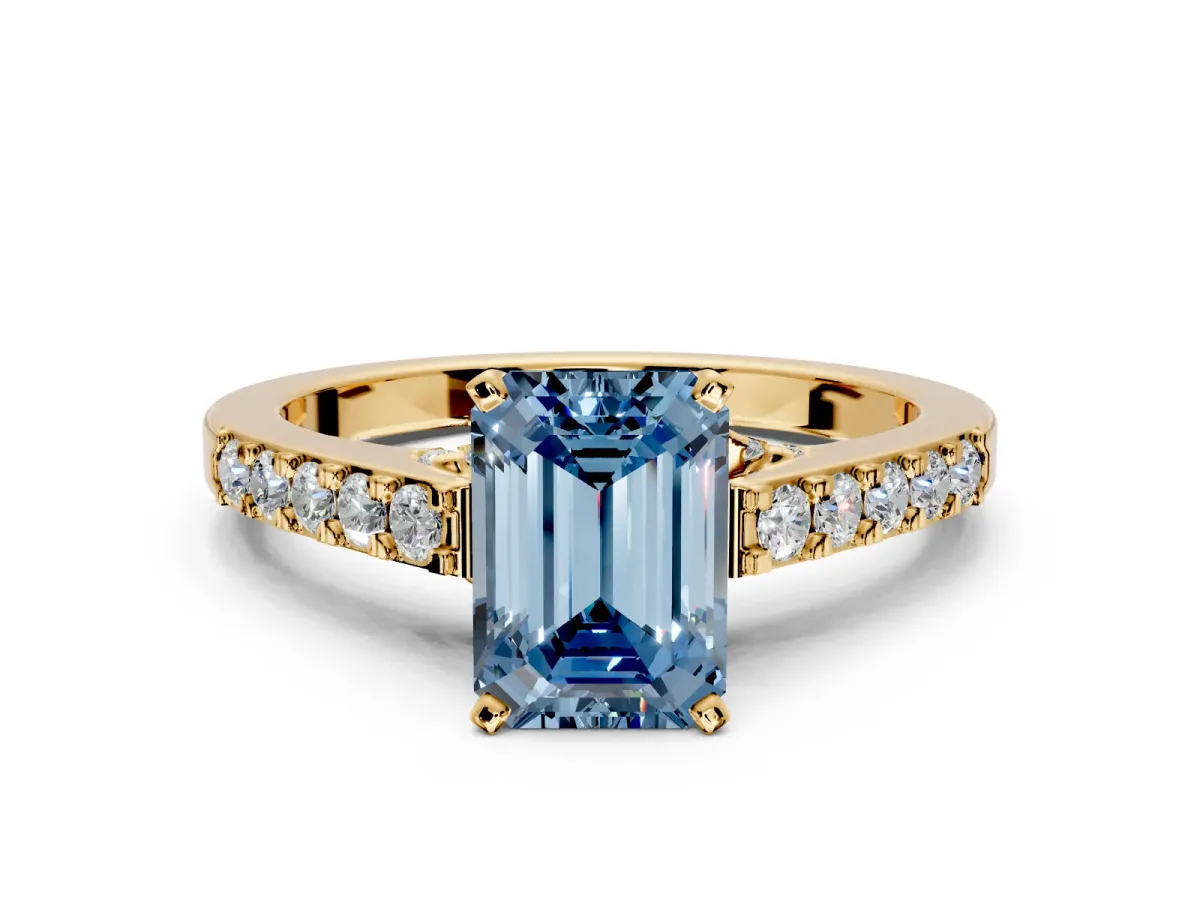 Solitaire Engagement Ring Setting for Fancy Blue Emerald Cut Center with Crossover Accents and Prong Head in Yellow Gold