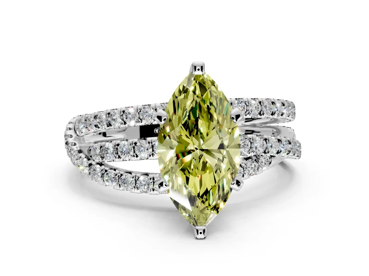 Solitaire Engagement Ring Setting for Fancy Yellow Marquise Center with Woven 3-Strand Pave Band and Prong Head in White Gold