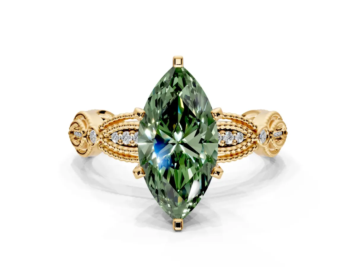 Solitaire Engagement Ring Setting for Fancy Green Marquise Center with Marquise Panel Band and Prong Head in Yellow Gold
