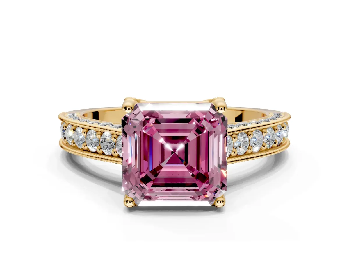 Solitaire Engagement Ring Setting for Fancy Pink Asscher Cut Center with Milgrain-Framed Pave Band and Prong Head in Yellow Gold