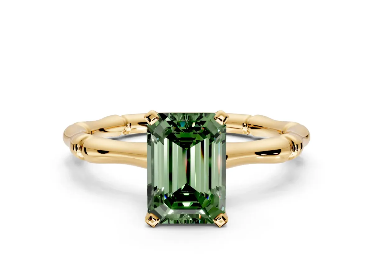 Solitaire Engagement Ring Setting for Fancy Green Emerald Cut Center with Bamboo Band and Prong Head in Yellow Gold