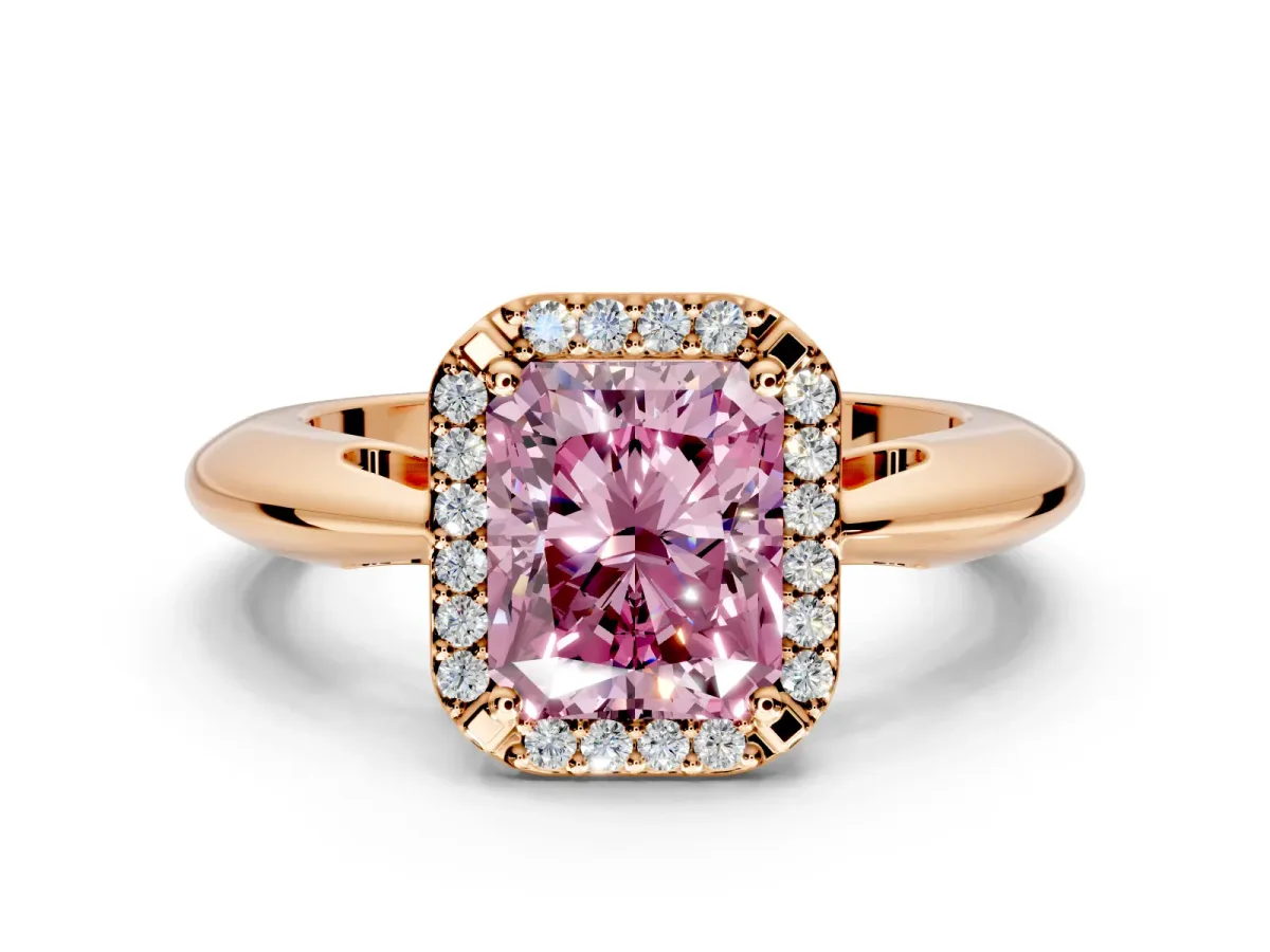 Halo Engagement Ring Setting for Fancy Pink Radiant Cut Center with Tapered Plain Band and Prong Head in Rose Gold