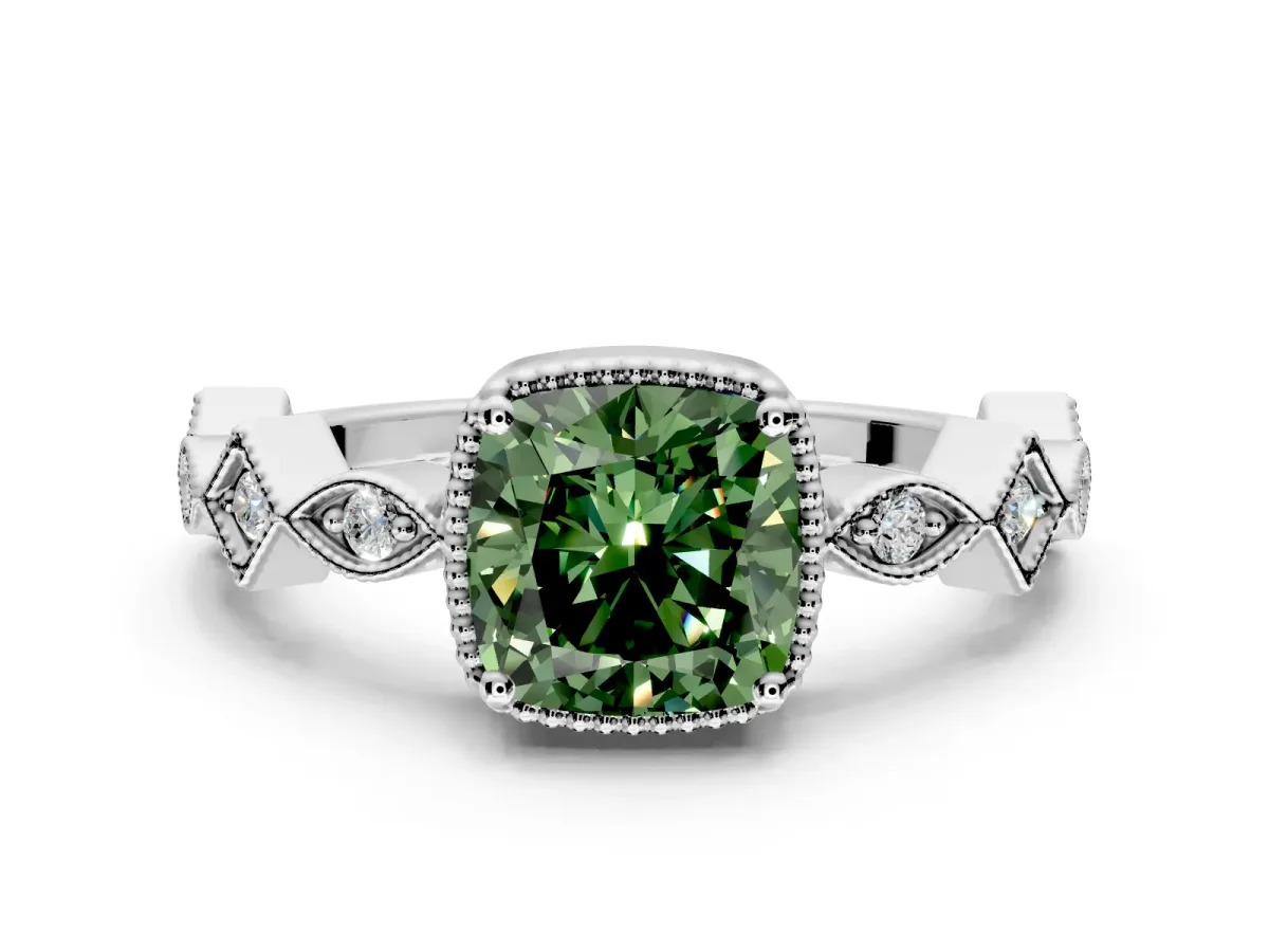 Milgrain Bezel Engagement Ring Setting for Fancy Green Cushion Cut Center with Marquise Stations and Bezel Head in Platinum