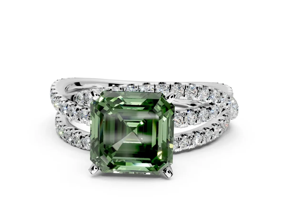 Solitaire Engagement Ring Setting for Fancy Green Asscher Cut Center with Woven 3-Strand Pave Band and Prong Head in White Gold