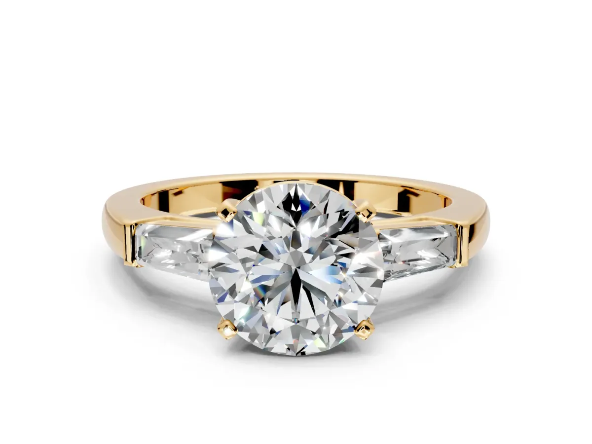 3 Stone Engagement Ring Setting for Round Cut Center with Tapered Baguettes, Plain Band and Prong Head in Yellow Gold