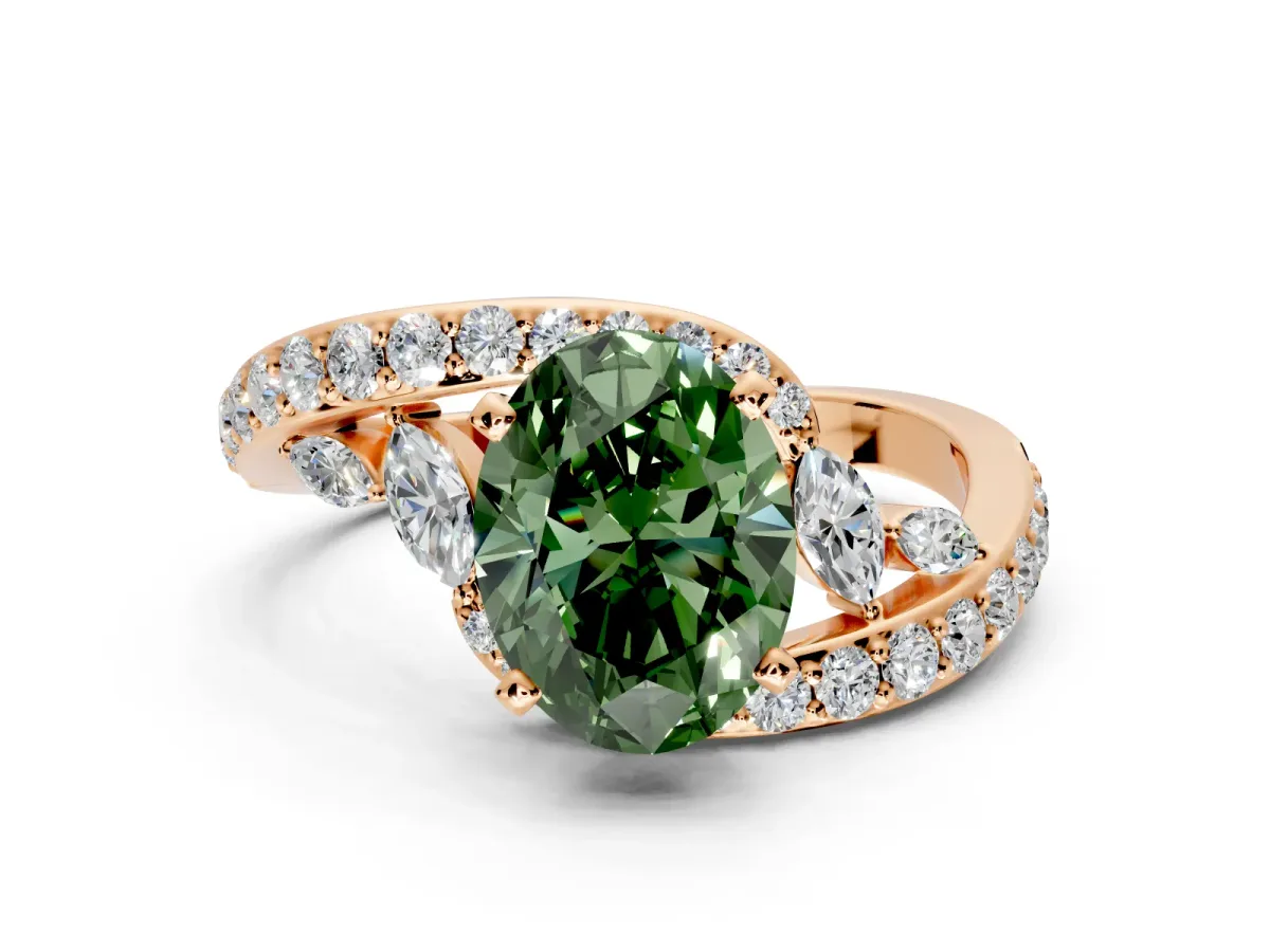Solitaire Engagement Ring Setting for Fancy Green Oval Center with Pave Bypass Twist Band and Prong Head in Rose Gold