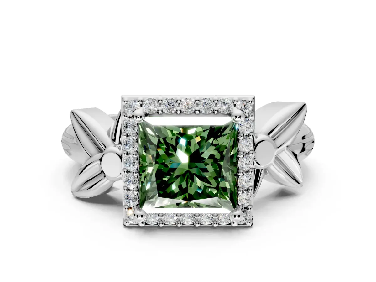 Halo Engagement Ring Setting for Fancy Green Princess Cut Center with Floral Band and Prong Head in White Gold