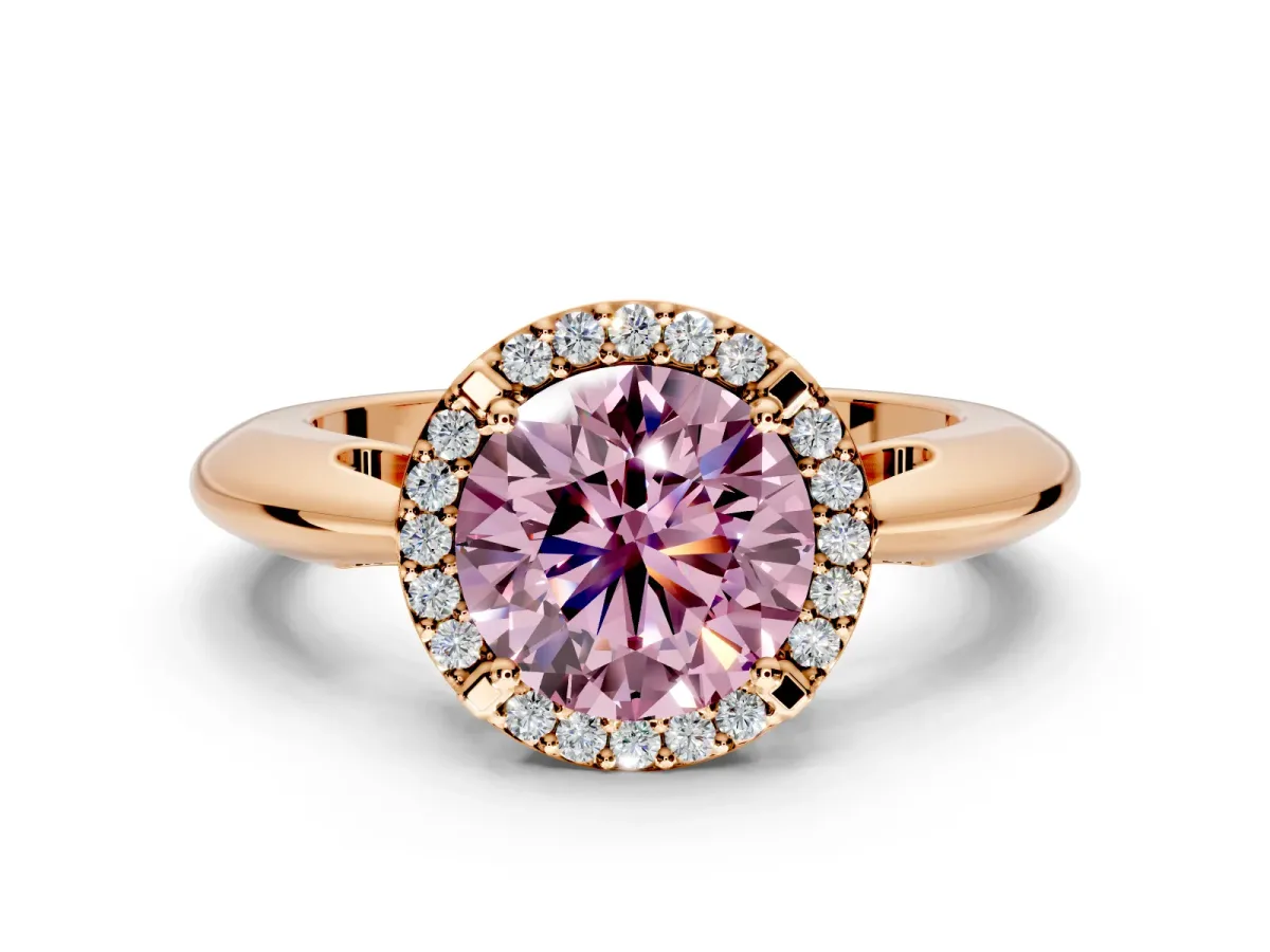 Halo Engagement Ring Setting for Fancy Pink Round Cut Center with Tapered Plain Band and Prong Head in Rose Gold