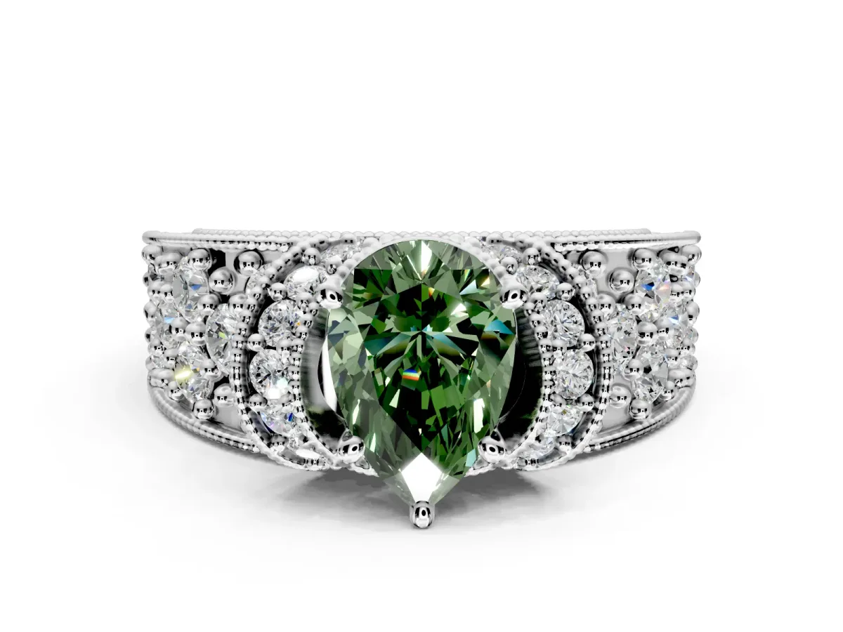 Pave Engagement Ring Setting for Fancy Green Pear-Shaped Center with Curved Accent Rows, Openwork and Prong Head in White Gold